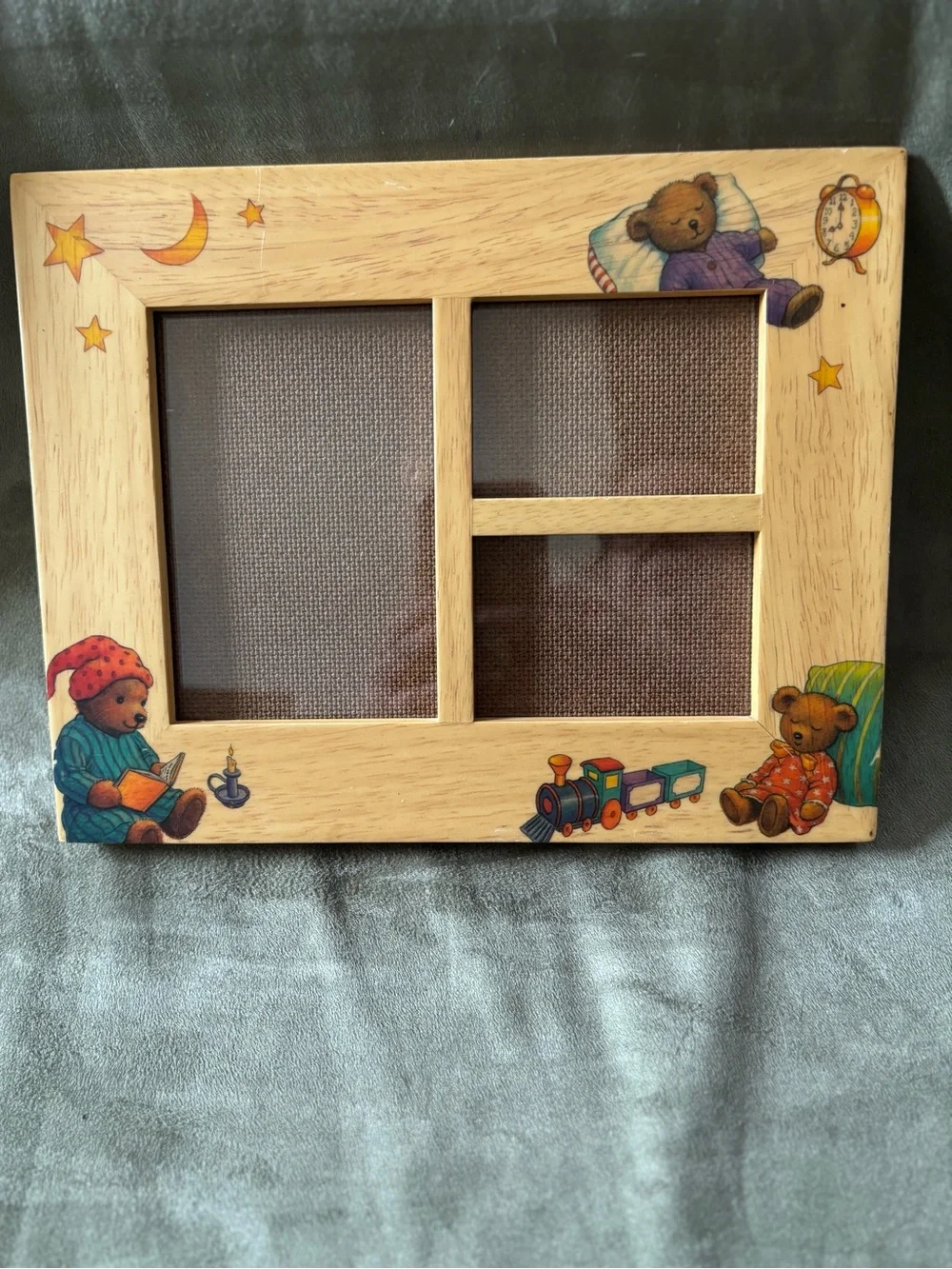Rare Vintage 90s Handcrafted/Painted Triple Window Wooden Nursery Photo Frame